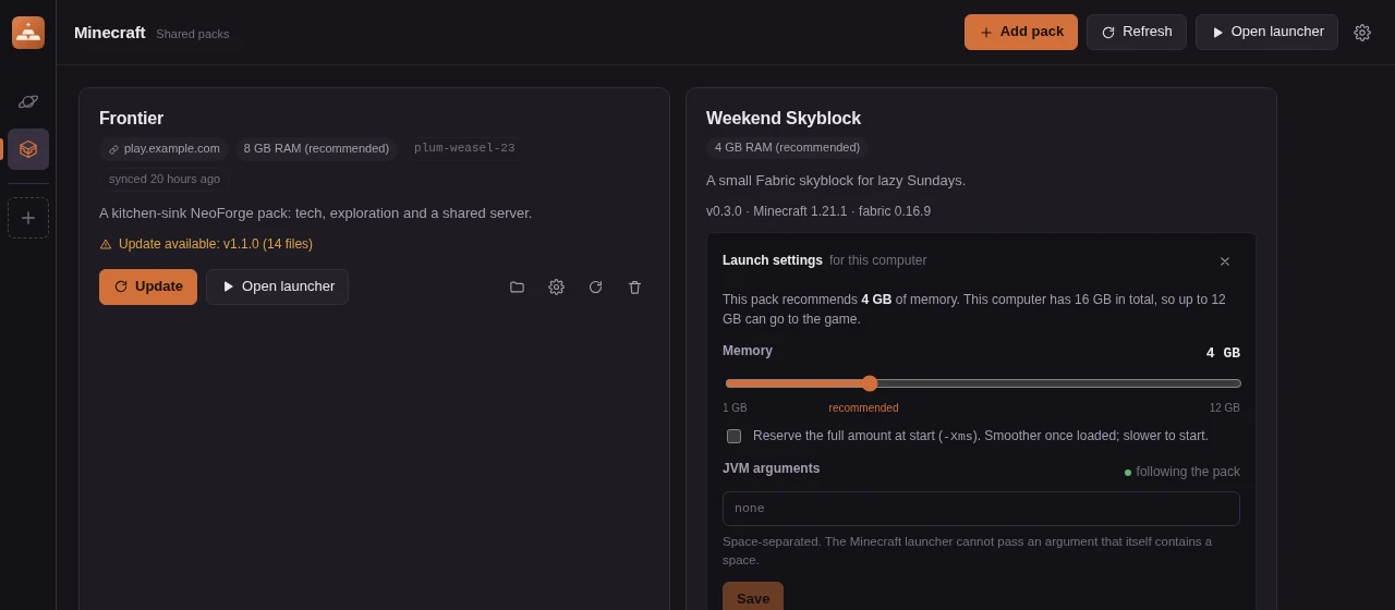 Muster's Minecraft view: two pack cards, one with an update available and one showing per-machine launch settings.