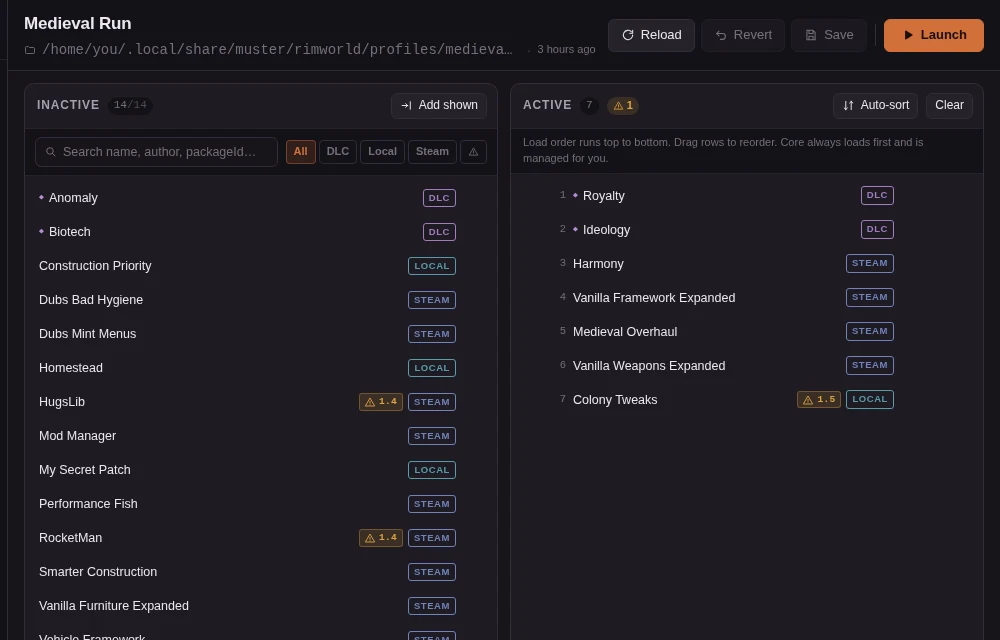 The RimWorld mod list editor with version-mismatch warnings on two mods.