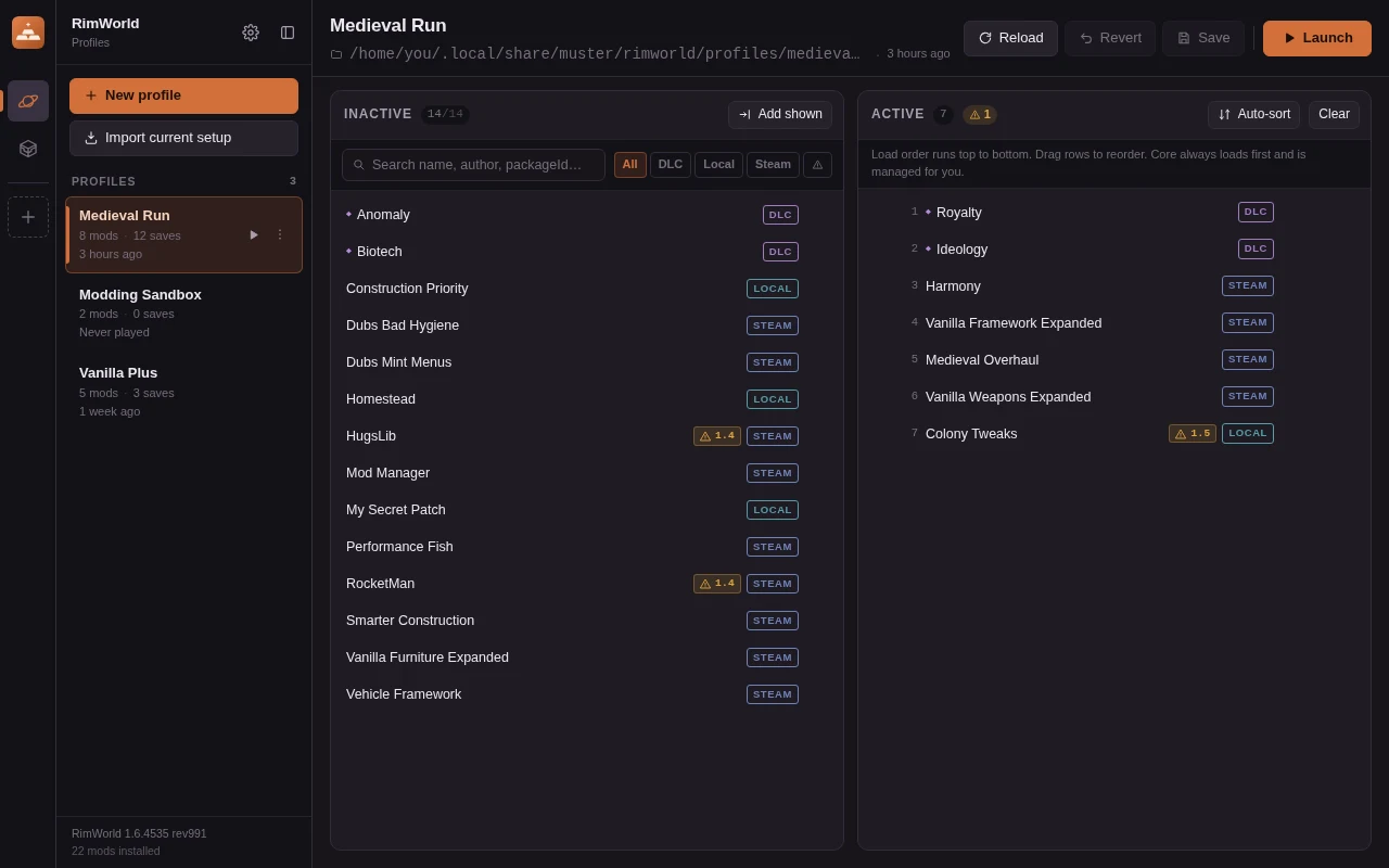 Muster's RimWorld view: a profile list on the left, a two-column inactive/active mod list editor with an Auto-sort button on the right.